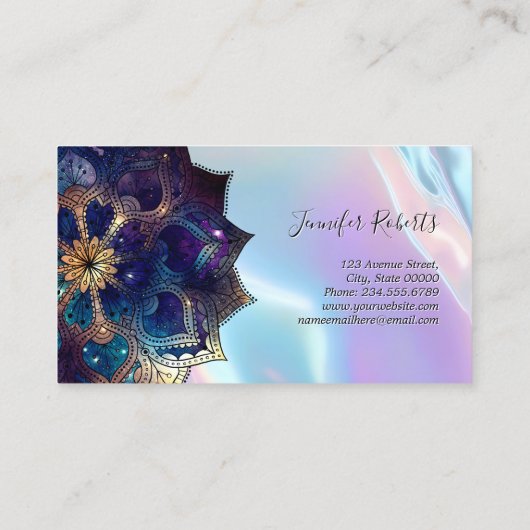 Boho Floral Blue Gold Mandala Chic Iridescent 名刺 (裏面)