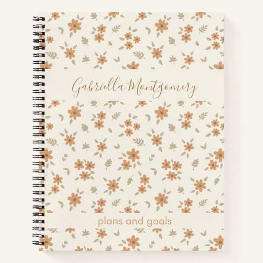 Boho Floral Botanical Pattern Girl Beige Name Text ノートブック (正面)