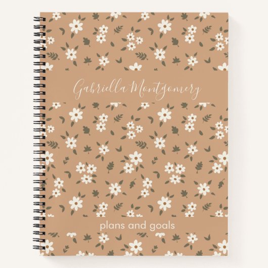 Boho Floral Botanical Pattern Girl Brown Name Text ノートブック (正面)