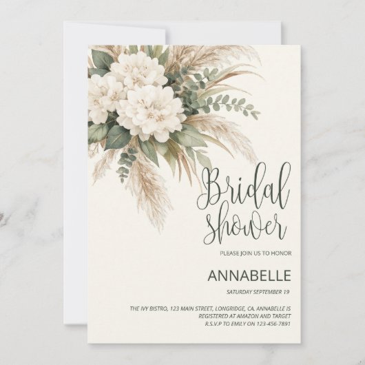 Boho Floral Bridal Shower Invitation Beige Pampas 招待状 (正面)