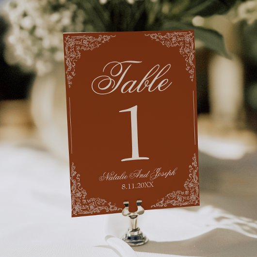 Boho Floral Burnt Orange Rust Wedding Table Number 招待状