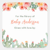Boho Floral Cactus Baby Library Bookplate スクエアシール (正面)