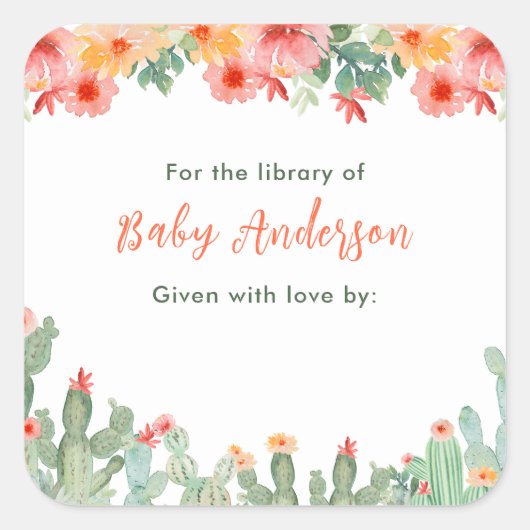Boho Floral Cactus Baby Library Bookplate スクエアシール (正面)