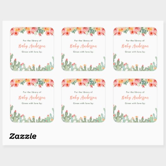 Boho Floral Cactus Baby Library Bookplate スクエアシール (シート)