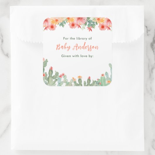 Boho Floral Cactus Baby Library Bookplate スクエアシール (バッグ)