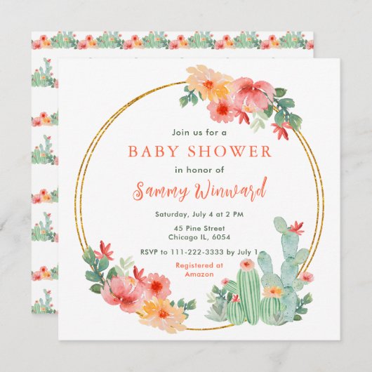 Boho Floral Cactus Baby Shower 招待状 (正面/裏面)