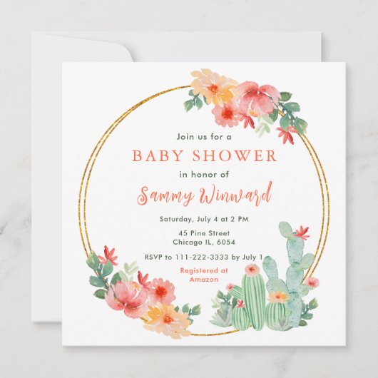 Boho Floral Cactus Baby Shower 招待状 (正面)