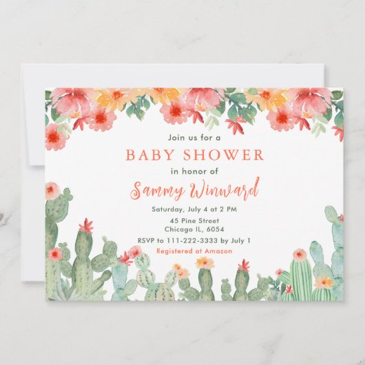Boho Floral Cactus Baby Shower 招待状 (正面)