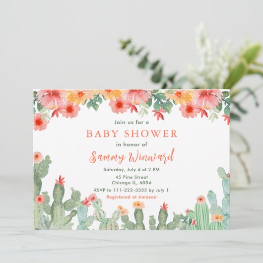 Boho Floral Cactus Baby Shower 招待状 (スタンド正面)