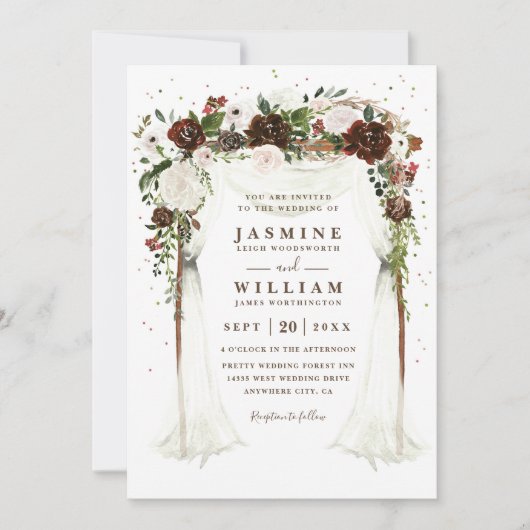 Boho Floral Canopy Elegant Modern QR Code Wedding 招待状 (正面)