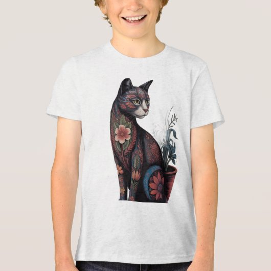 Boho Floral Cat T-Shirt – Artistic Botanical トライブレンドTシャツ (正面)