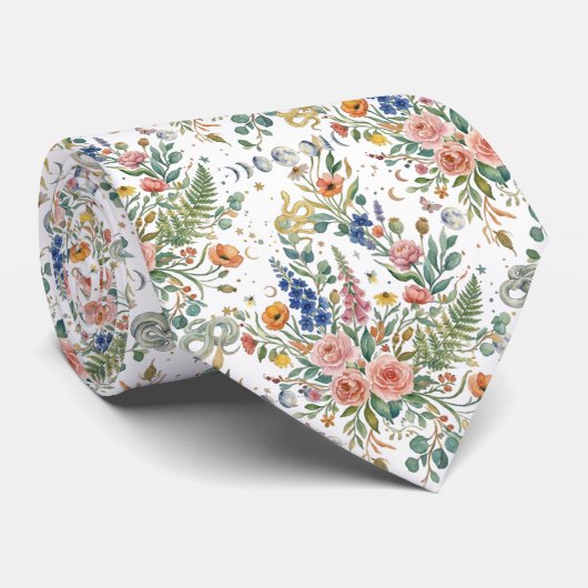 Boho Floral Celestial Moon  & Snakes Botanical ネクタイ (ロール)