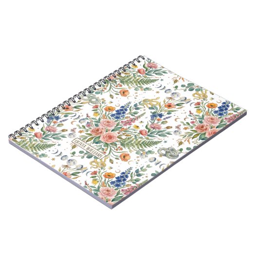 Boho Floral Celestial Moon  & Snakes Botanical ノートブック (左側)