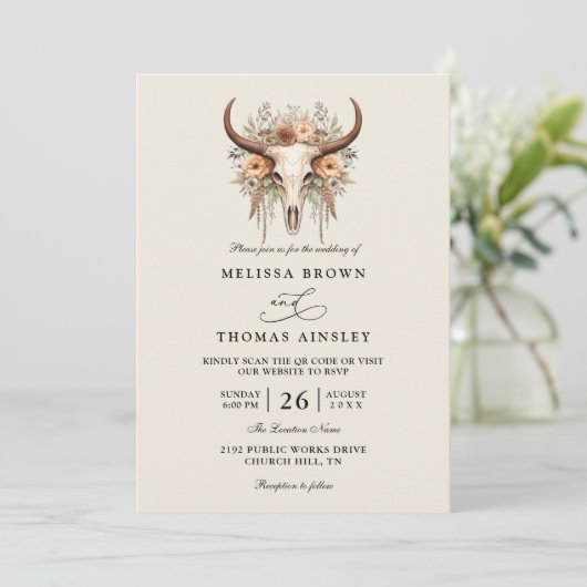 Boho Floral Cow Skull Western QR Code Wedding 招待状 (スタンド正面)