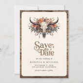 Boho Floral Cow Skull Western Wedding Photo セーブザデート (正面)