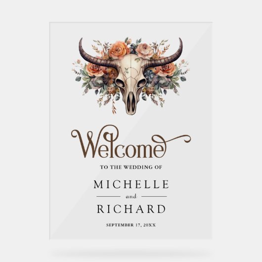 Boho Floral Cow Skull Western Wedding Welcome アクリルサイン (正面)