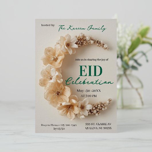 Boho Floral Crescent Eid Party Invitation  箔シーズンカード (立ち正面)
