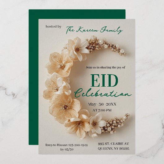 Boho Floral Crescent Eid Party Invitation  箔シーズンカード (正面/裏面)