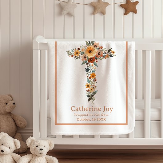 Boho Floral Cross Baptism Gift Name Baby Blankets フリースブランケット