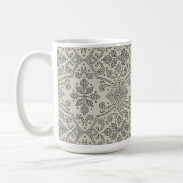 Boho Floral Damask Line Art, Black on Beige コーヒーマグカップ