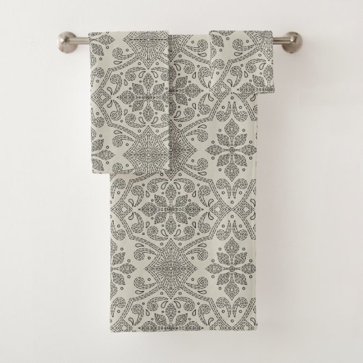 Boho Floral Damask Line Art, Black on Beige バスタオルセット (インサイチュ)