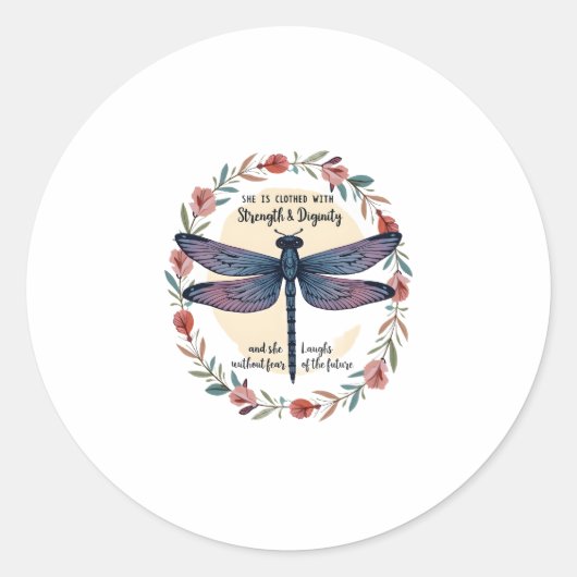 Boho Floral Dragonfly She Is Clothed With Strength ラウンドシール (正面)