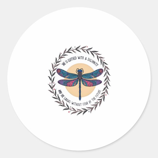 Boho Floral Dragonfly She Is Clothed With Strength ラウンドシール (正面)