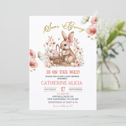 Boho Floral Easter Bunny Baby Shower 招待状 (スタンド正面)