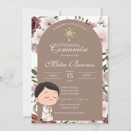 Boho Floral First Communion Invitation 招待状 (正面)
