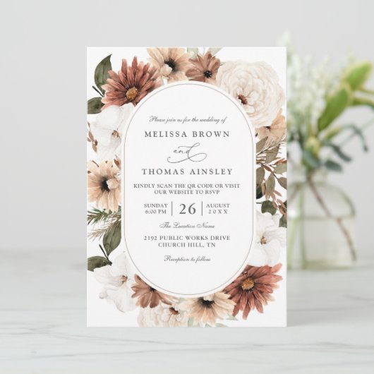 Boho Floral Frame Acrylic Elegant QR Code Wedding 招待状 (スタンド正面)