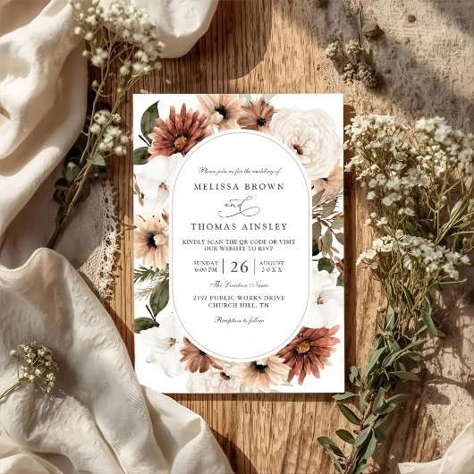 Boho Floral Frame Acrylic Elegant QR Code Wedding 招待状