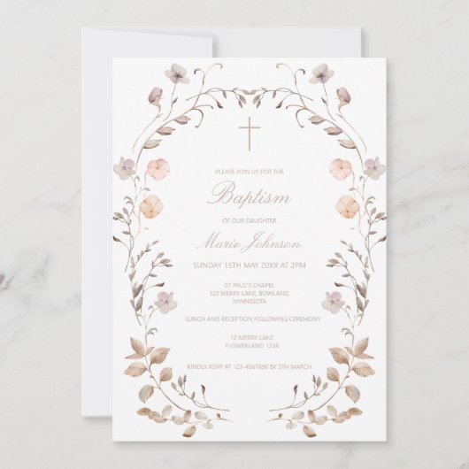 Boho floral girl Baptism invitation template 招待状 (正面)