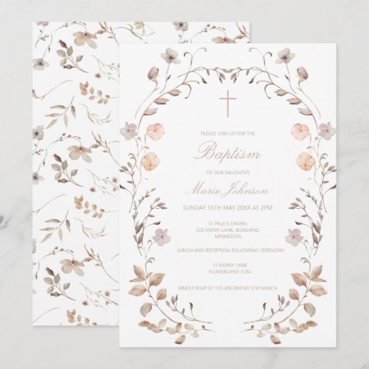 Boho floral girl Baptism invitation template 招待状 (正面/裏面)