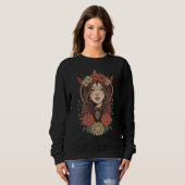 Boho Floral Girl Black Sweatshirt スウェットシャツ (正面フル)