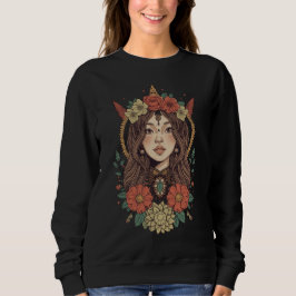 Boho Floral Girl Black Sweatshirt スウェットシャツ