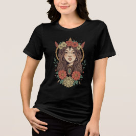 Boho Floral Girl Black T-Shirt トライブレンドＴシャツ
