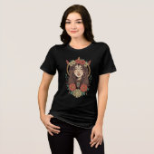 Boho Floral Girl Black T-Shirt トライブレンドＴシャツ (正面全面)