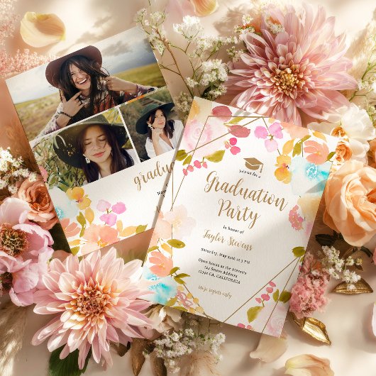 Boho Floral Gold Geometric Modern Photo Graduation 招待状