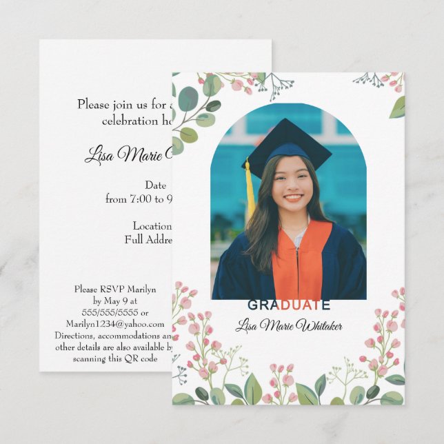 Boho Floral Graduation Party Invitation (正面/裏面)