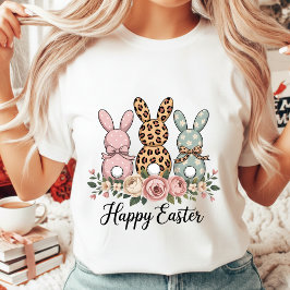 Boho Floral Happy Easter Bunnies Leopard Polka Dot Tシャツ