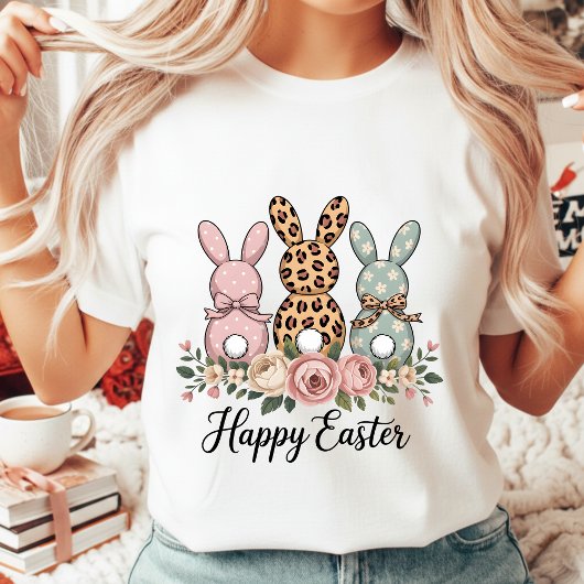 Boho Floral Happy Easter Bunnies Leopard Polka Dot Tシャツ