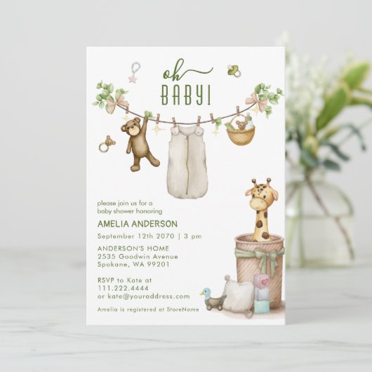 Boho Floral Jungle Clothline Animals Baby Shower 招待状 (スタンド正面)