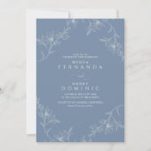 Boho Floral Line Art Dusty Blue Wedding 招待状 (正面)