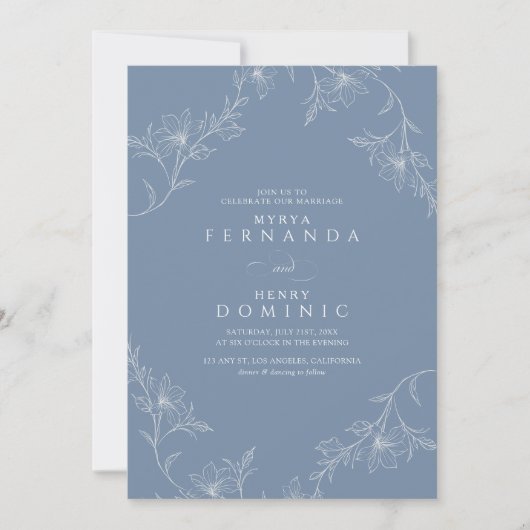 Boho Floral Line Art Dusty Blue Wedding 招待状 (正面)