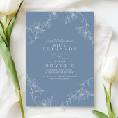 Boho Floral Line Art Dusty Blue Wedding 招待状