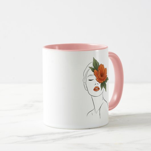 Boho Floral Line Art Woman Mug マグカップ (正面右)