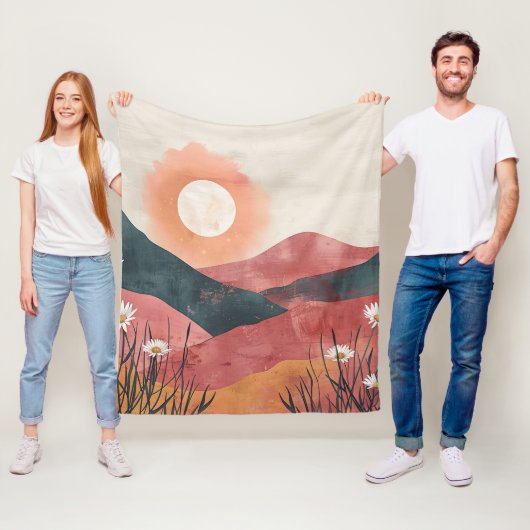 Boho Floral Mountain Sunset – Rustic Nature フリースブランケット (インサイチュ)