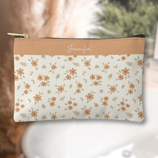 Boho Floral Neutral Ditsy Flower Print Name Beige アクセサリーポーチ