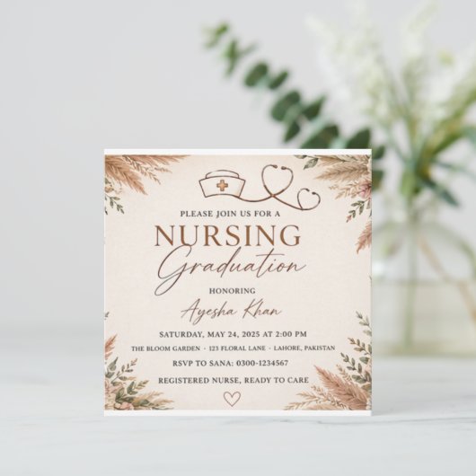 Boho Floral Nursing Graduation Invitation | Neutra 招待状 (スタンド正面)