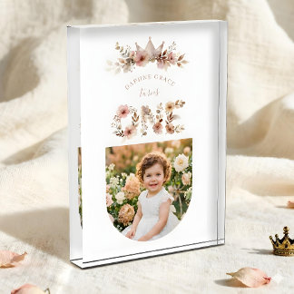 Boho Floral One Word Pink First Birthday  フォトブロック